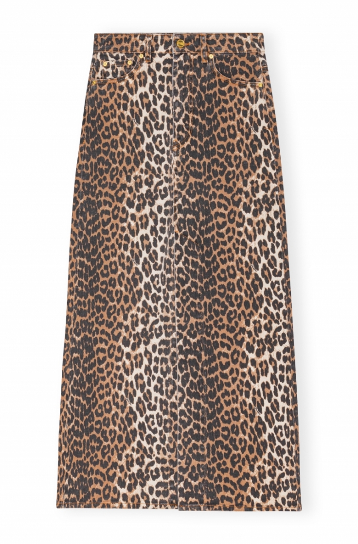 Print Denim Maxi Slit Skirt 943 Leopard