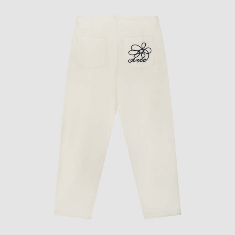 Embroidered Pocket Denim Pants - Cream