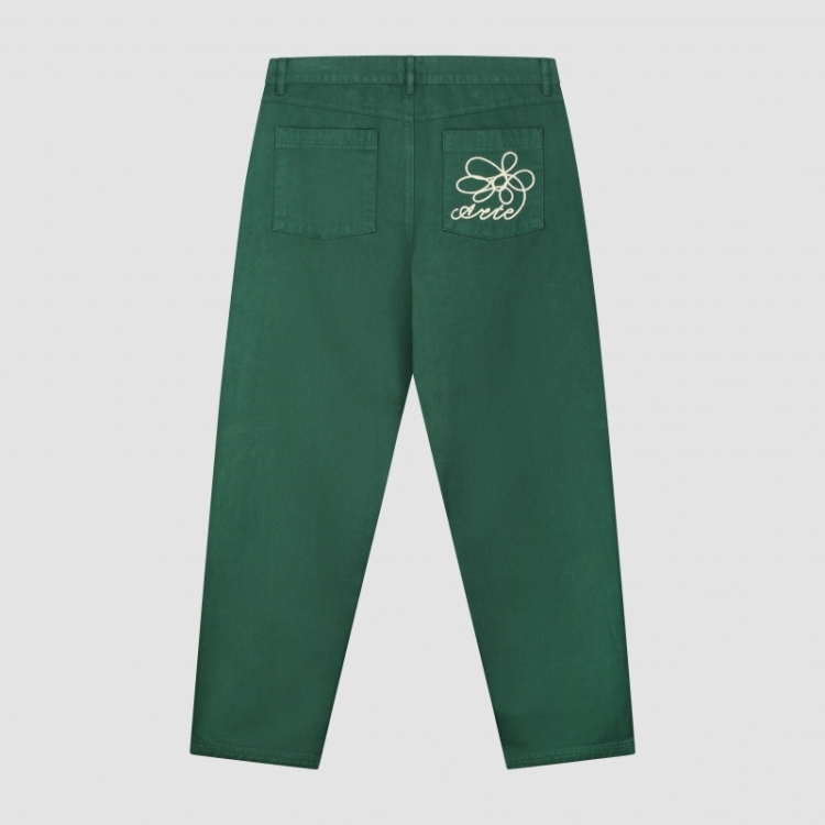 Embroidered Pocket Denim Pants - Green