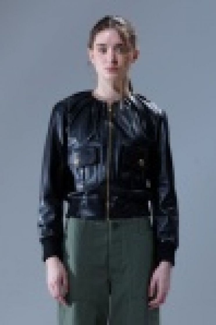 PLEATED NECK LEATHER JACKET R426A BLACK