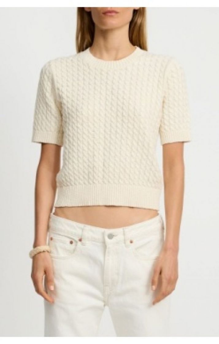 SHORT SLEEVE CABLE CREWNECK - CREAM KHAKI