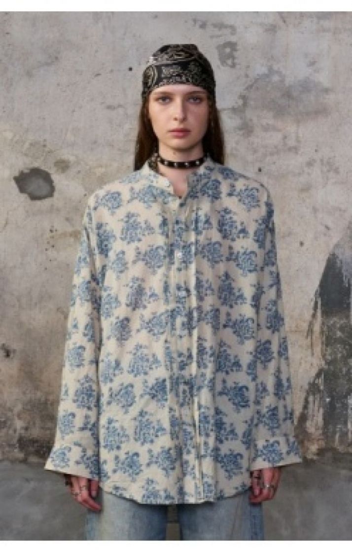 PLEATED FRONT SHIRT - BLUE WITH WHI