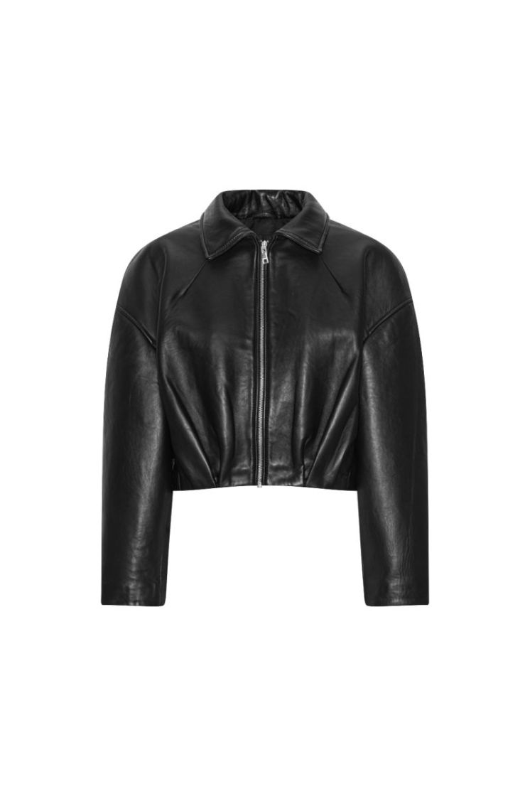 BONDED BOXY LEATHER JACKET - BLACK