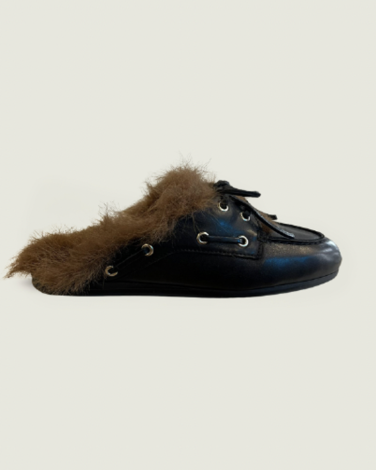 Boat Loafer Mule Hairy Fur - S 600 Black