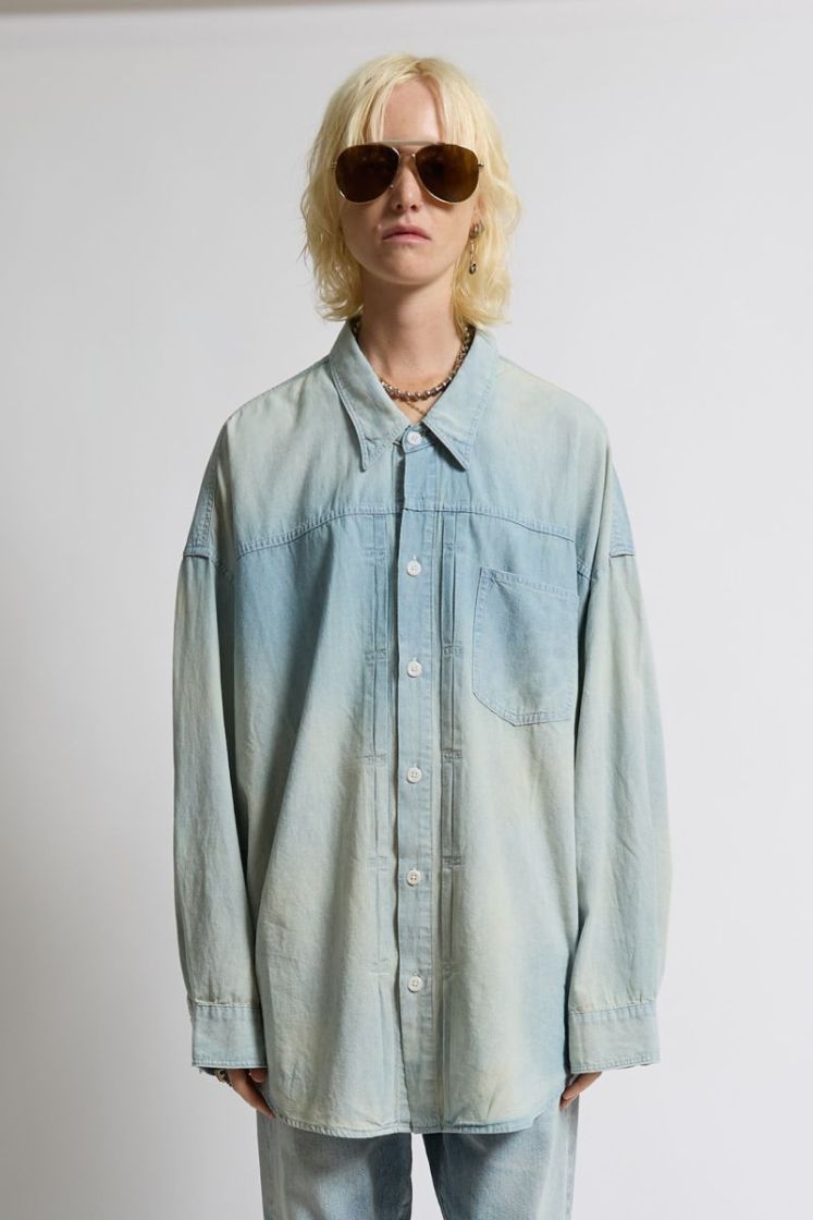 PLEATED FRONT WORK SHIRT - AGED BLUE CHA