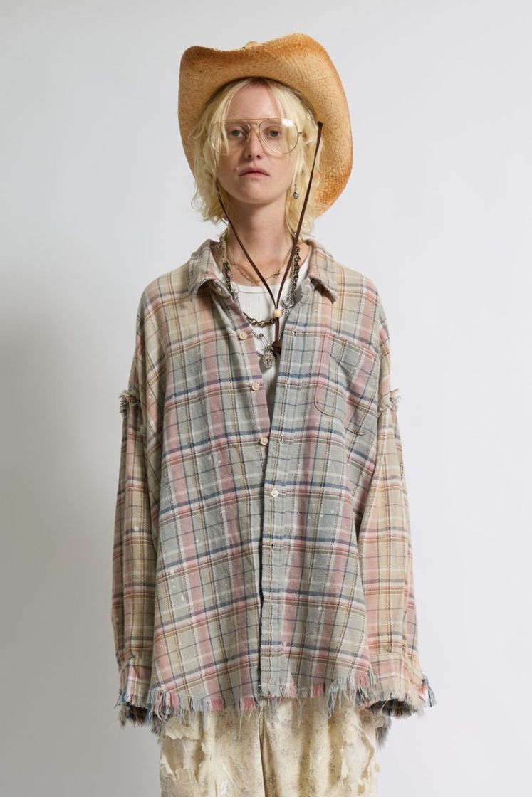 SHREDDED SEAM DROP NECK SHIRT - BLUE PINK PLA