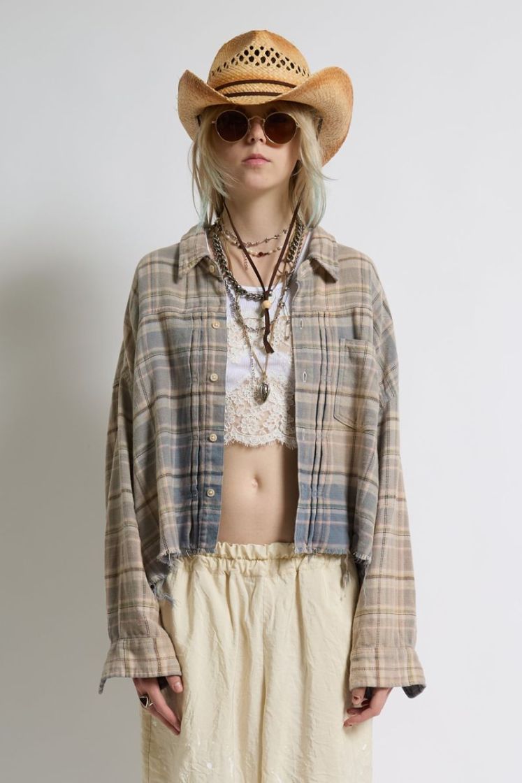 PLEATED FRONT CROPPED WORK SHI - DUSTY BLUE PL